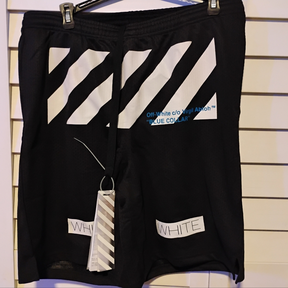 Off-White Black Shorts with White Diagonal Stripes